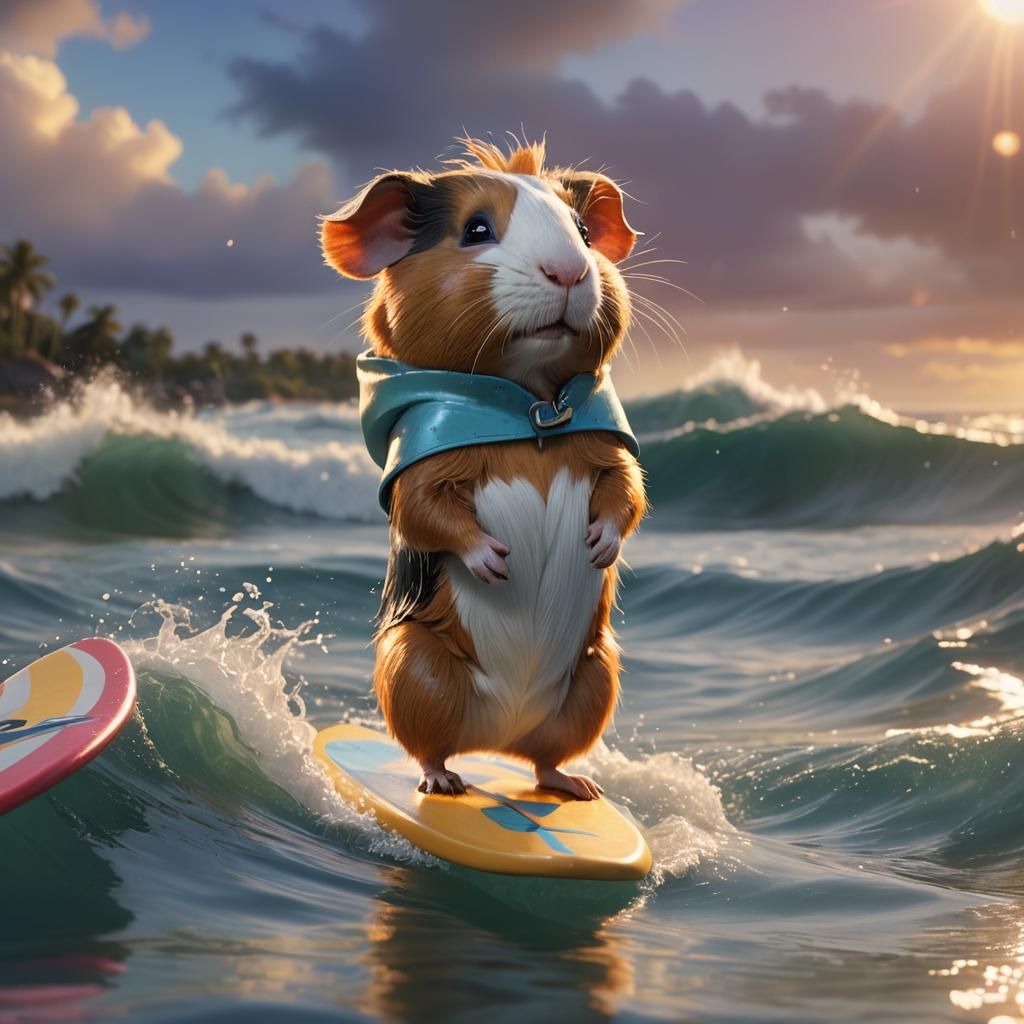 Guinea Pig Rides Wave in 3D Animated Style