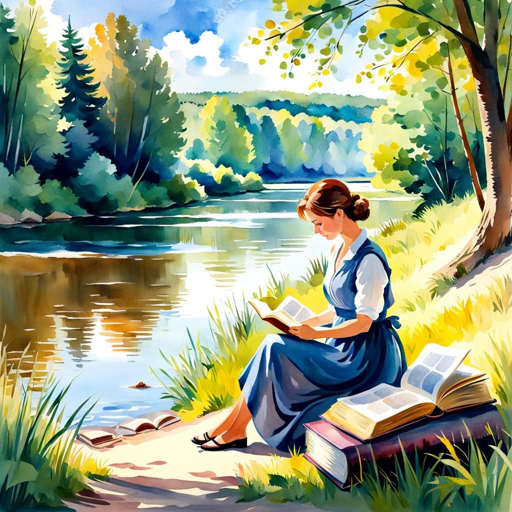 Woman Reading by River in Watercolor Style