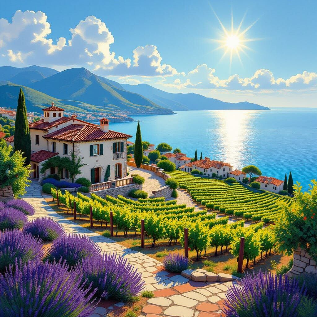 Mediterranean Villa Amidst Vineyards, Photorealistic Image