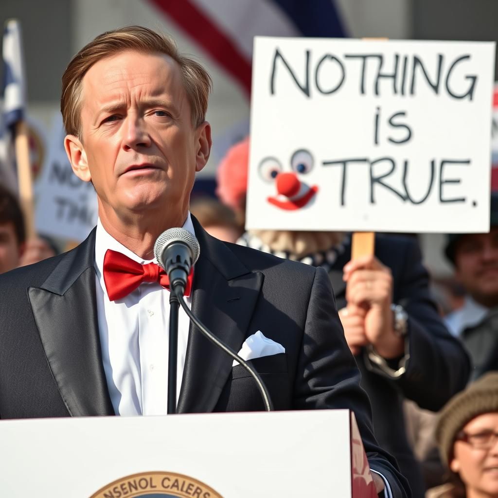 Elegant Speaker Contrasted by Clown at Rally
