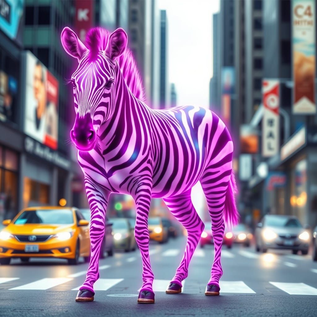 Vibrant Pink Zebra Illuminates Bustling City Streets in Neon...