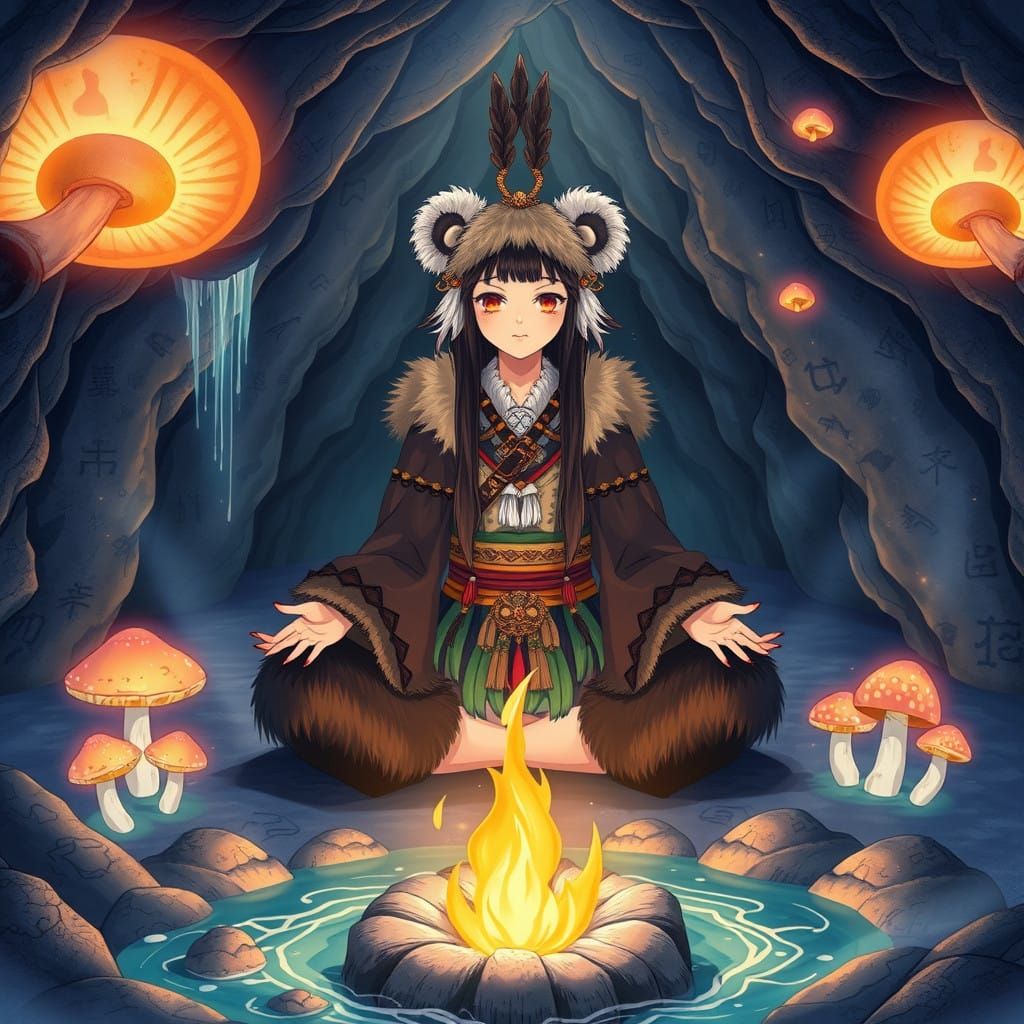 Mystical Ainu Shamaness in Ethereal Cave Sanctuary
