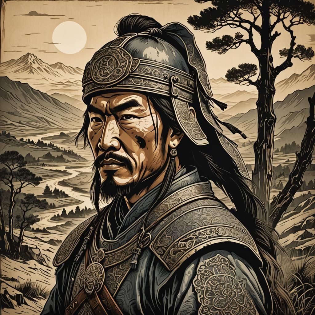 Mongol Warrior Portrait in Woodcut Style