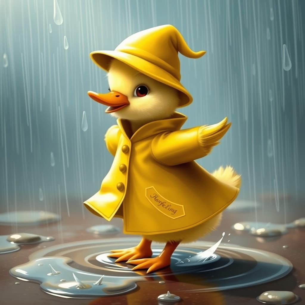 Duckling's Rainy Day Dance: Whimsical Digital Art