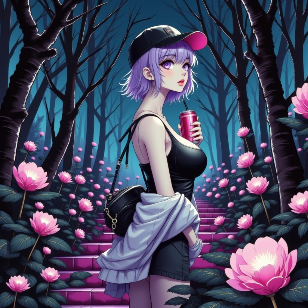 Dark Minimalism. Melancholic. dark cell shaded. vector. side portrait. standing in a starlit forest. Anime, Manga, lady,...