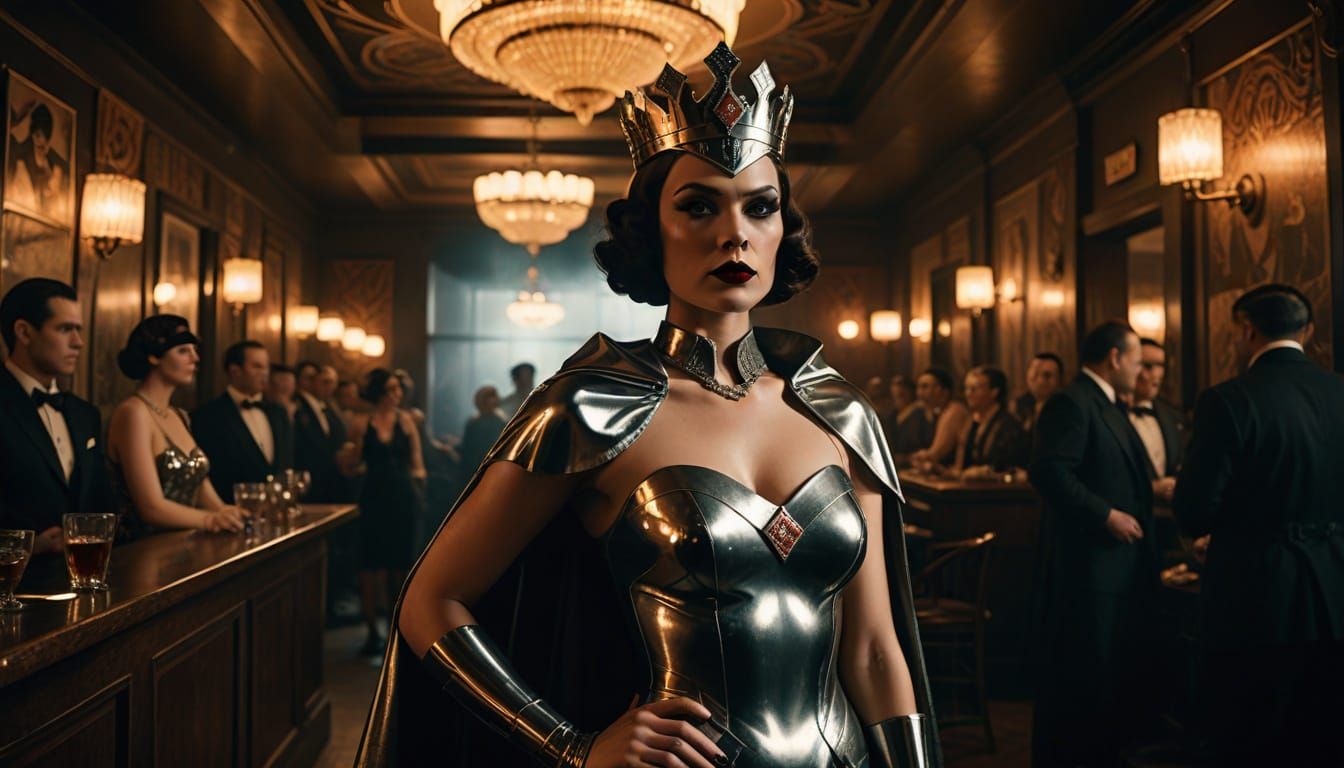 Chrome Superheroine in 1920s Speakeasy, Film Noir