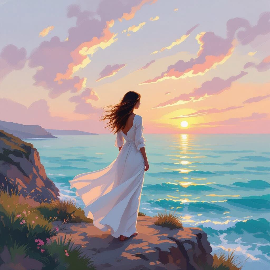 Woman on Windswept Cliff in Impressionist Style