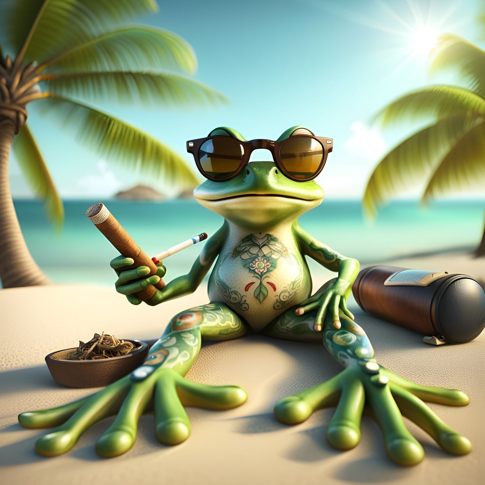 Tattooed Frog Relaxing on Beach in Photorealistic 8K