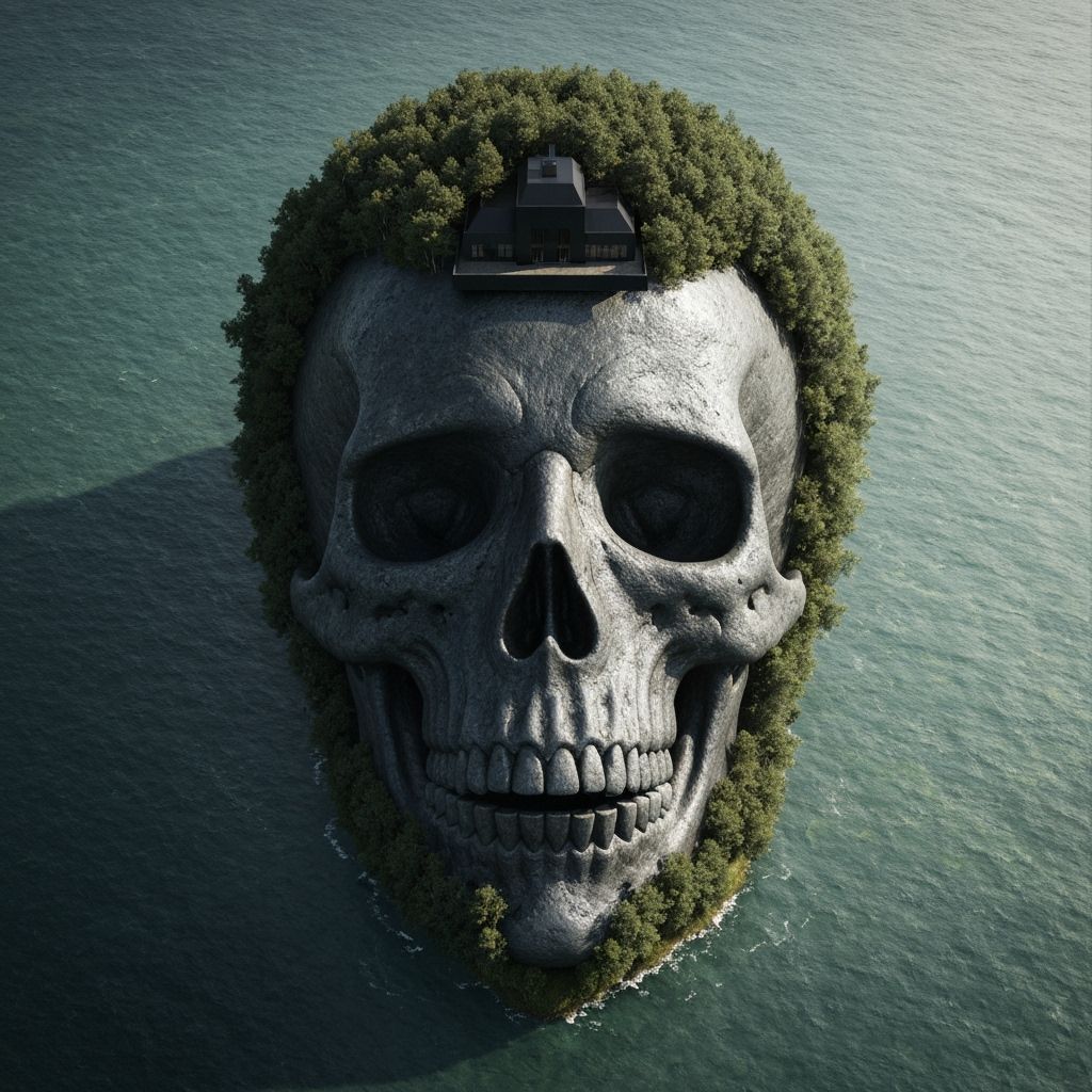 Skull Island With Hidden Obsidian Building In Chiaroscuro