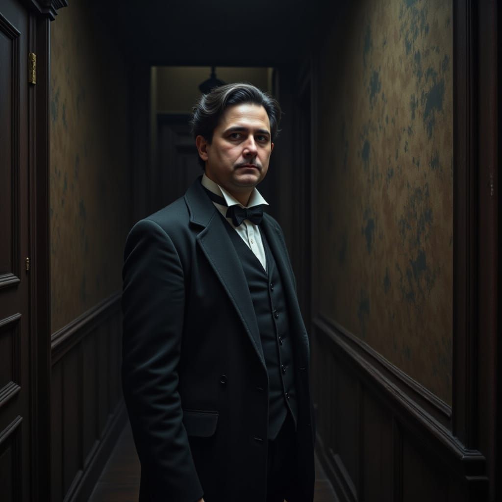 Victorian Gentleman in Dark Hallway with Gothic Touch