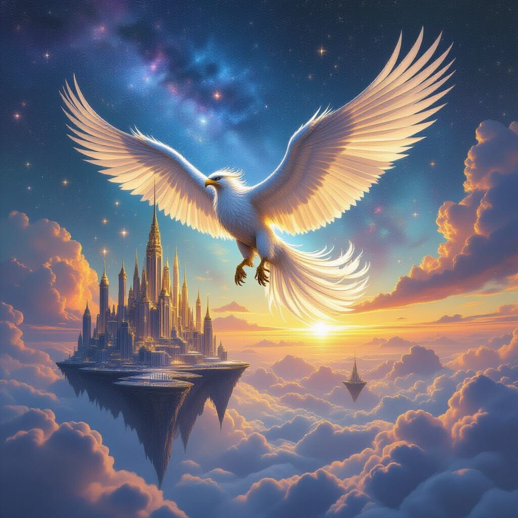 Majestic Griffin Soars Over Crystalline City in Cosmic Sky