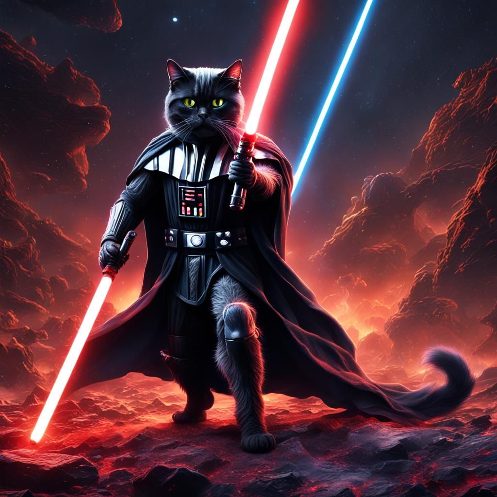 Cat with Lightsaber Destroys Darth Vader in Space