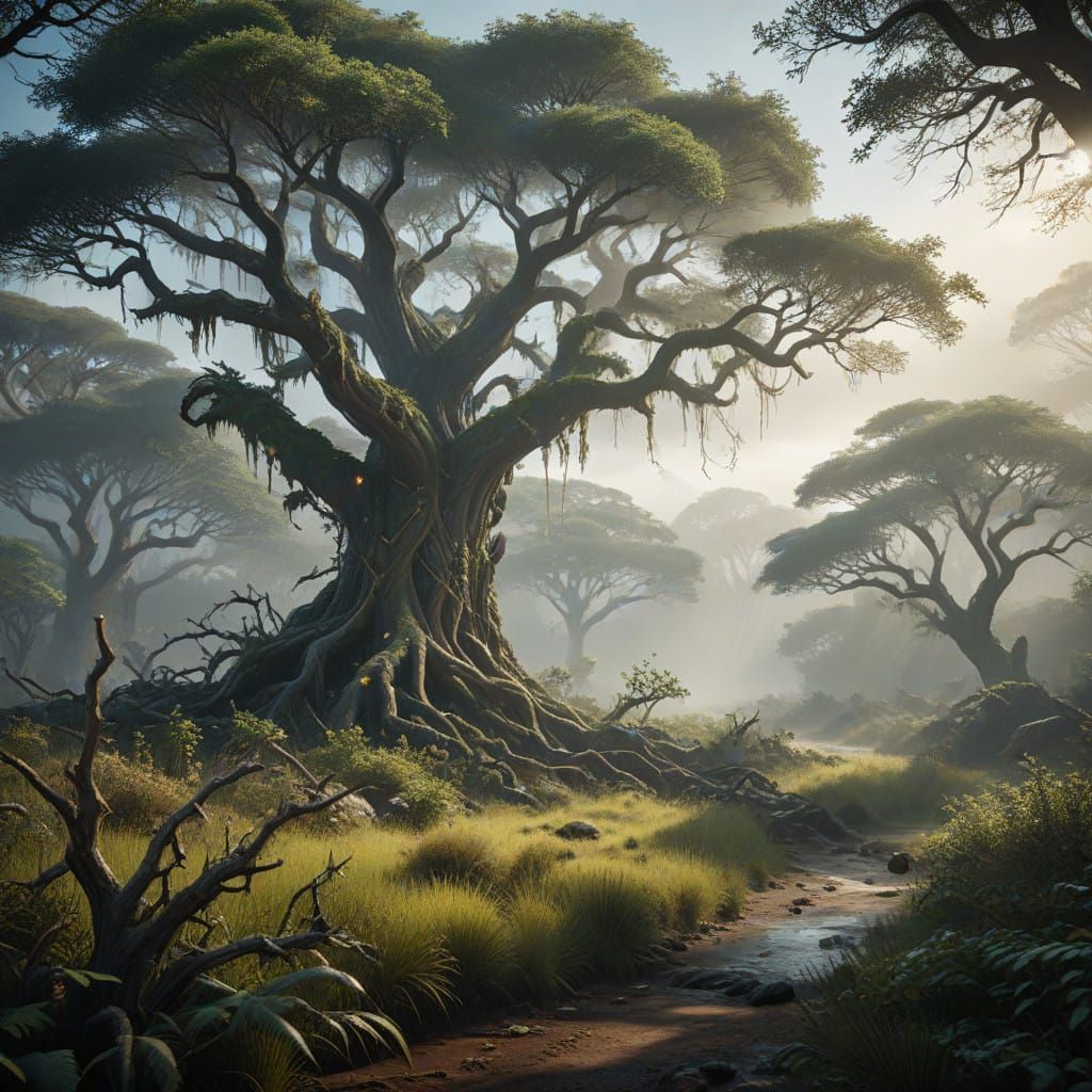 Surreal Savannah Landscape in Ethereal Light