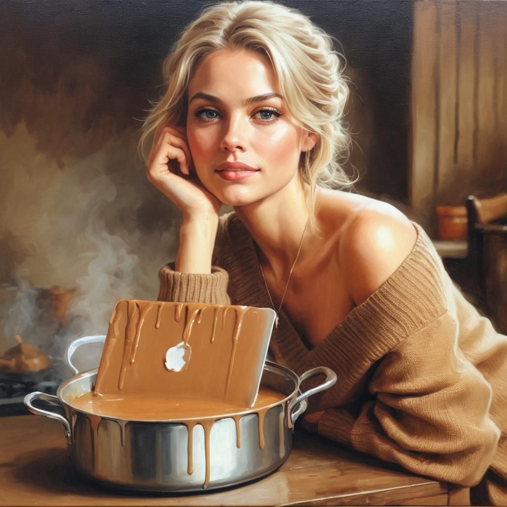 Blonde Woman with Laptop Gravy Pot: Painterly Style