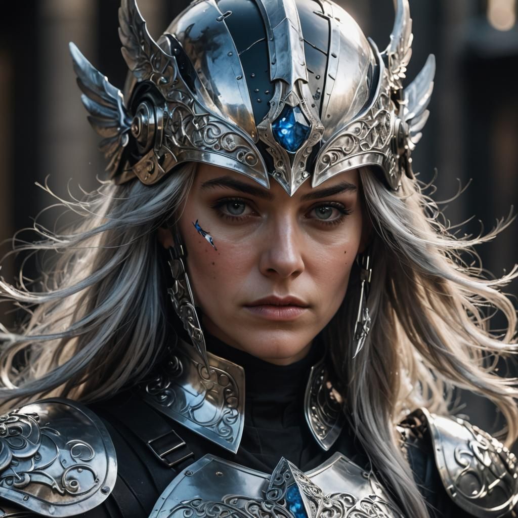Armored Woman Portrait with Silver Hair in 8K