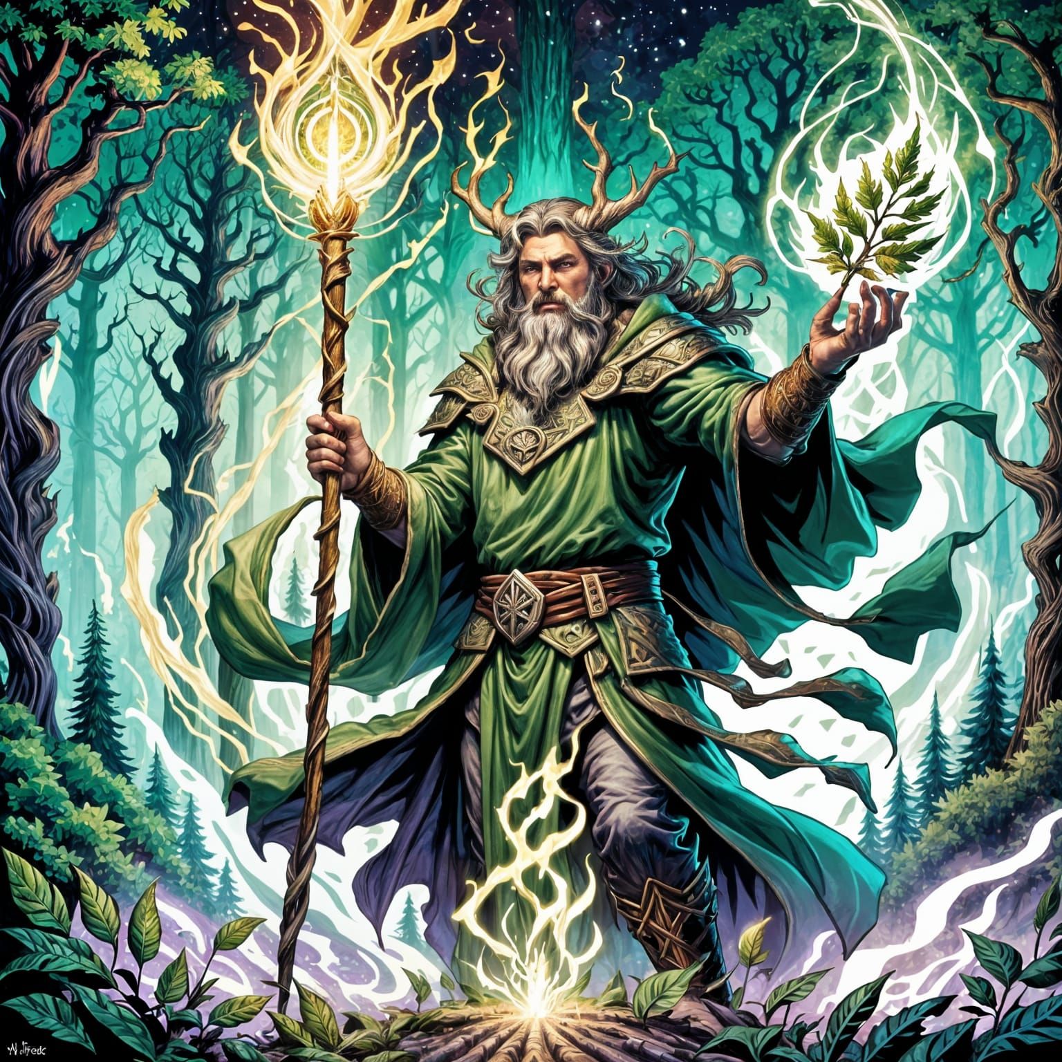 Forest Druid Casting Plant Spell with Magic