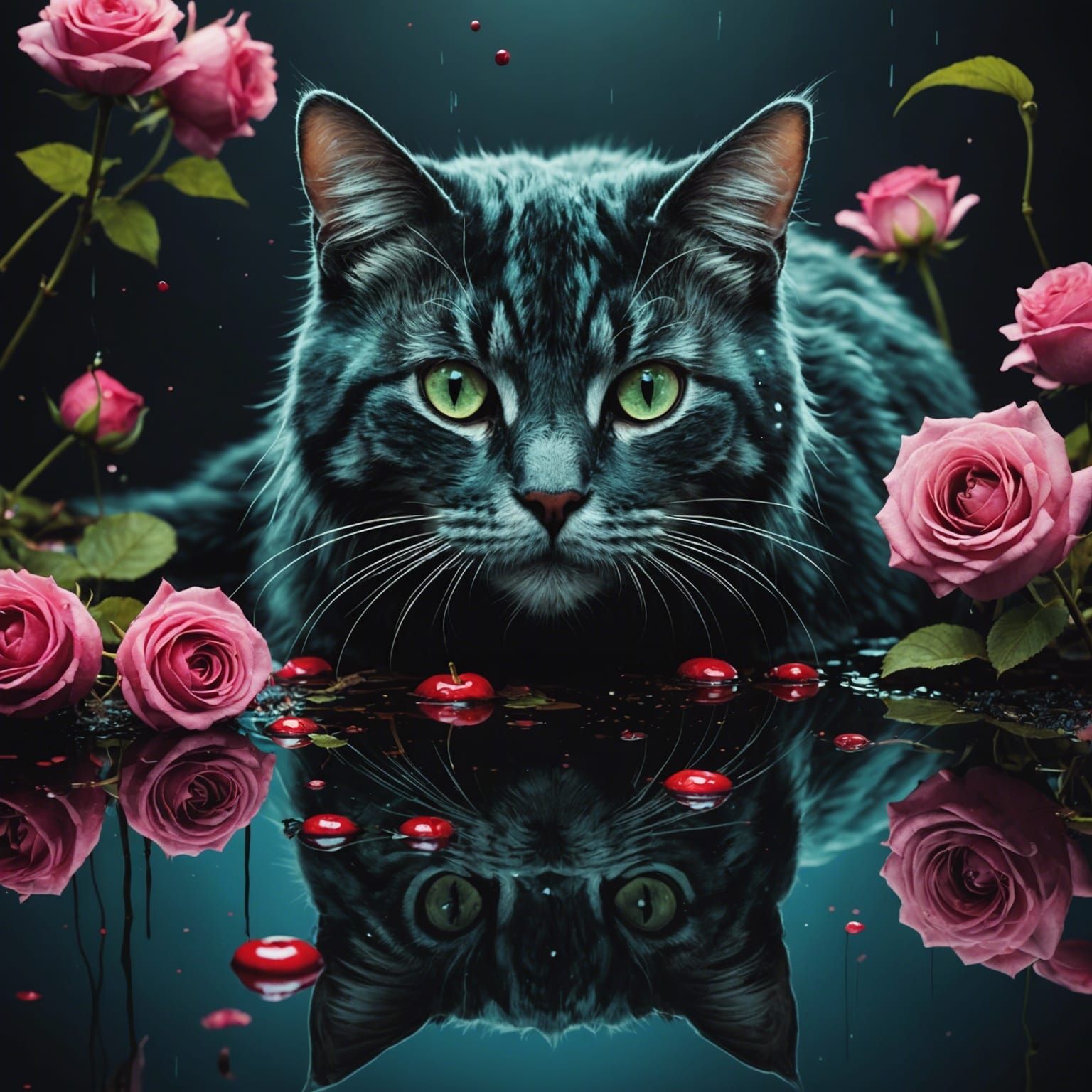 Surreal Bioluminescent Cherries in Mixed Media Style