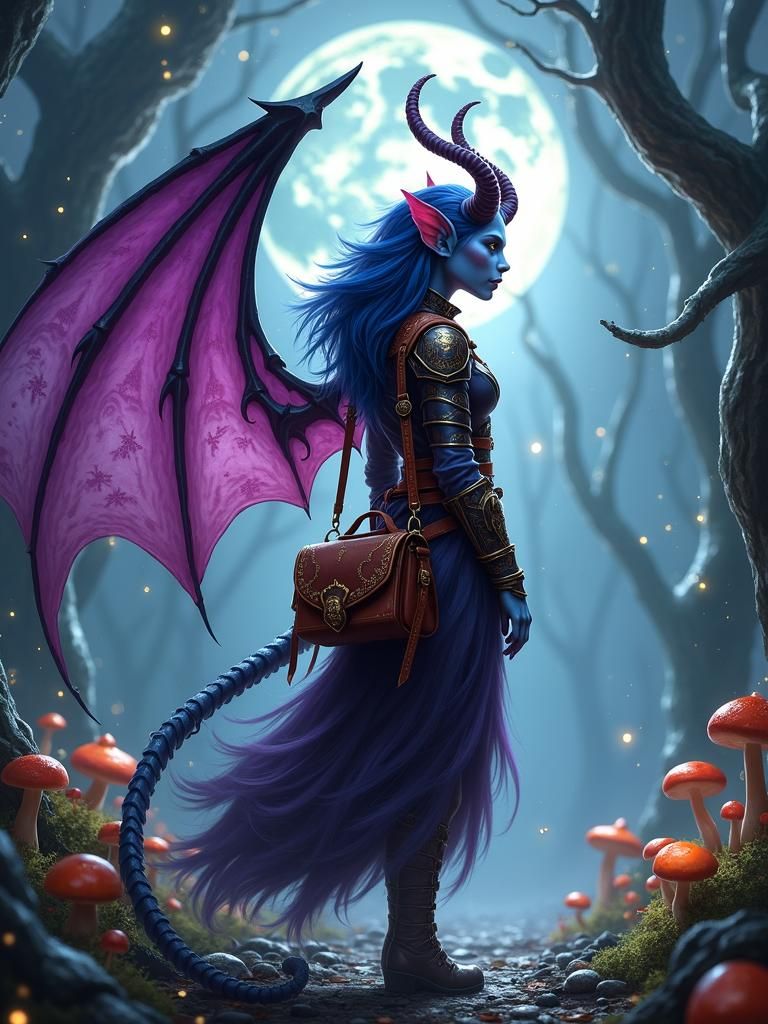 Mystical Tiefling Warrior in Enchanted Forest