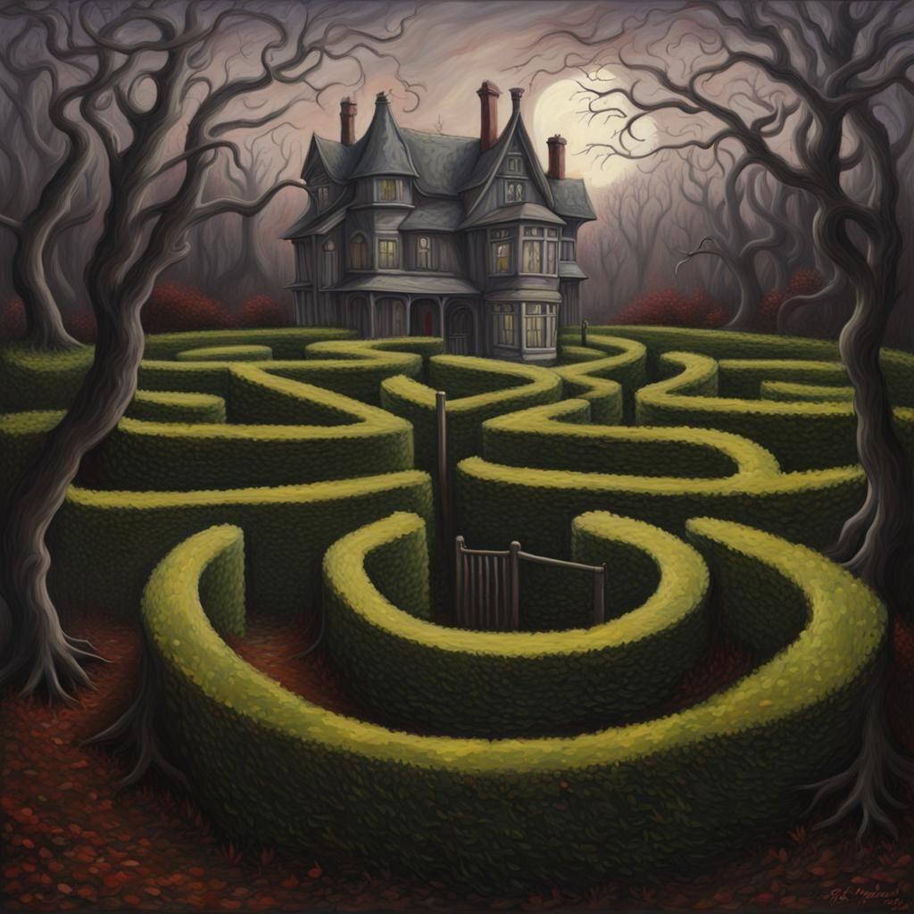Eerie Gothic House Behind Spooky Hedge Maze