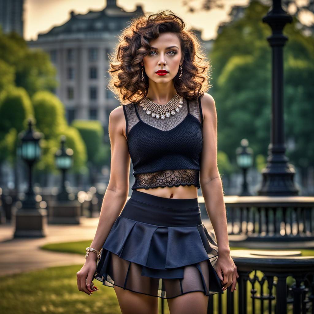 Brunette with curly brown hair and small necklace, Sheer Mes...