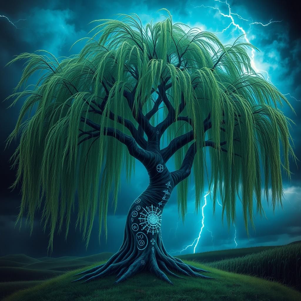 Mystical Willow Tree in Astral Storm