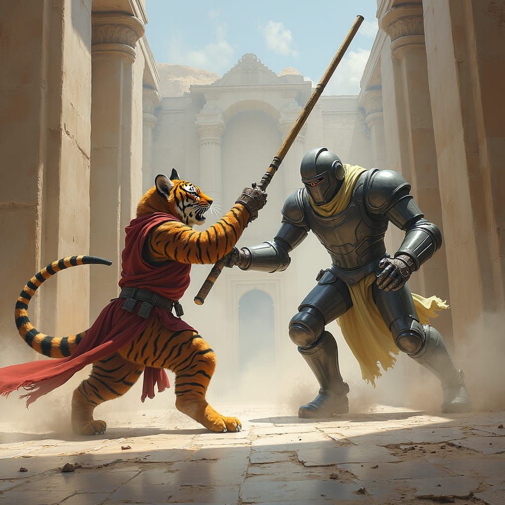 Anthropomorphic Tiger Strikes Robot in Arena, Digital Art