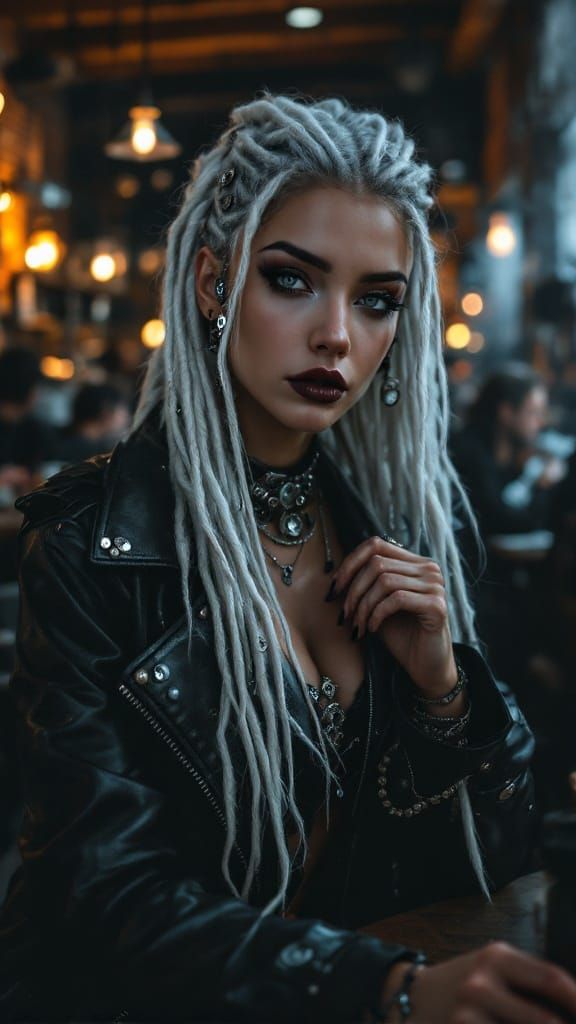 Gothic Woman in Industrial Cafe, Hyperrealistic Style