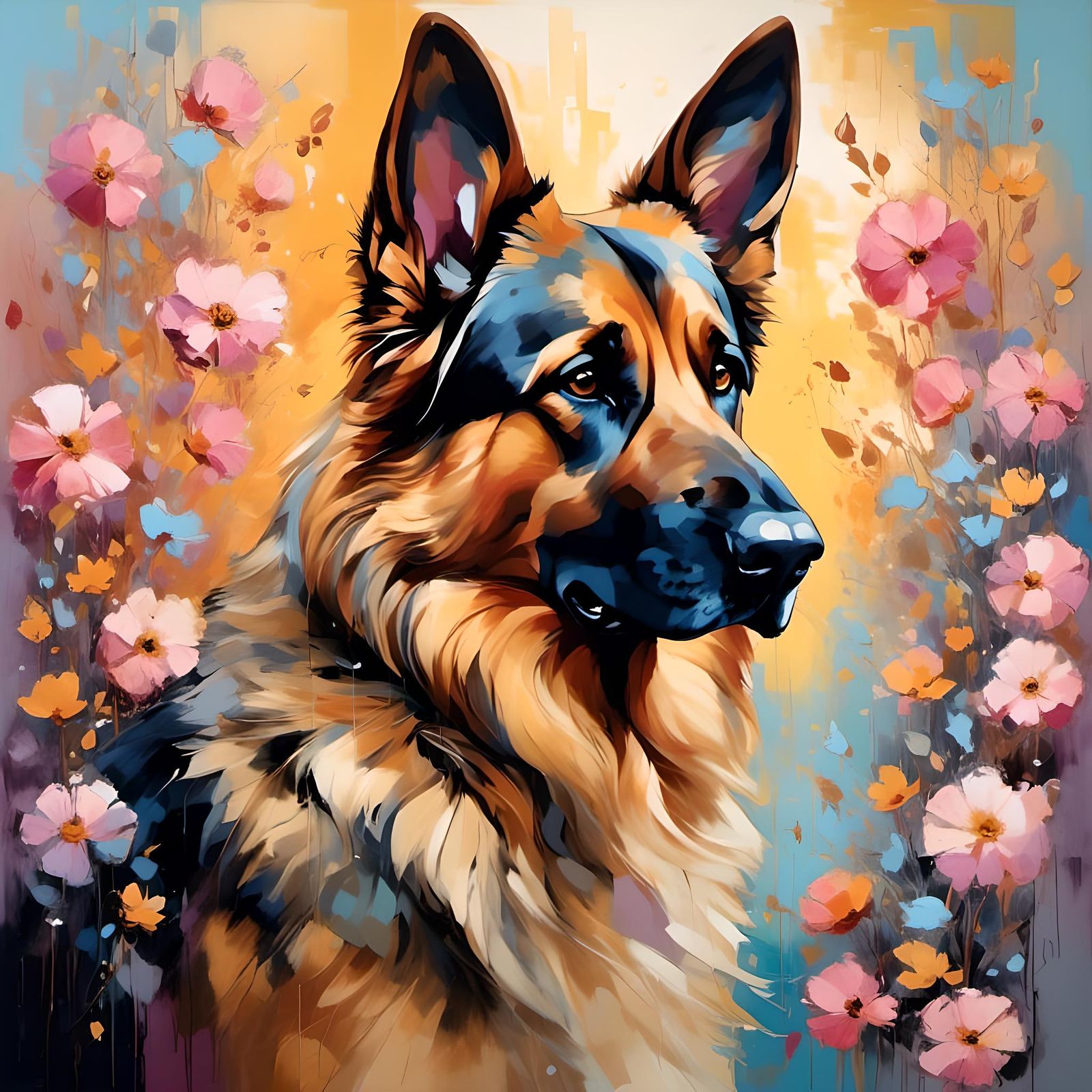 Fluffy German Shepherd Portrait at Sunset