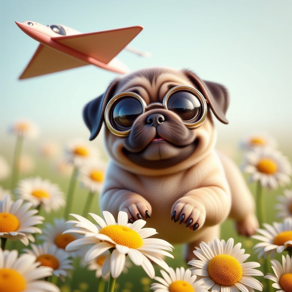 Pug Puppy Aviator Soaring Over Daisy Field
