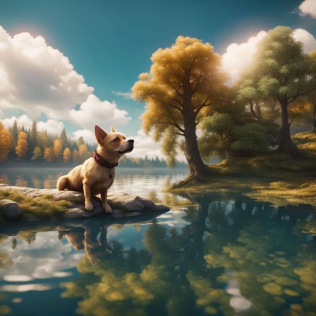 Cute Dog Swimming in Lake: Fantasy Concept Art