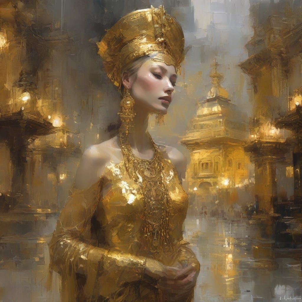 Sophisticated Golden Priestess in Ornate Temple