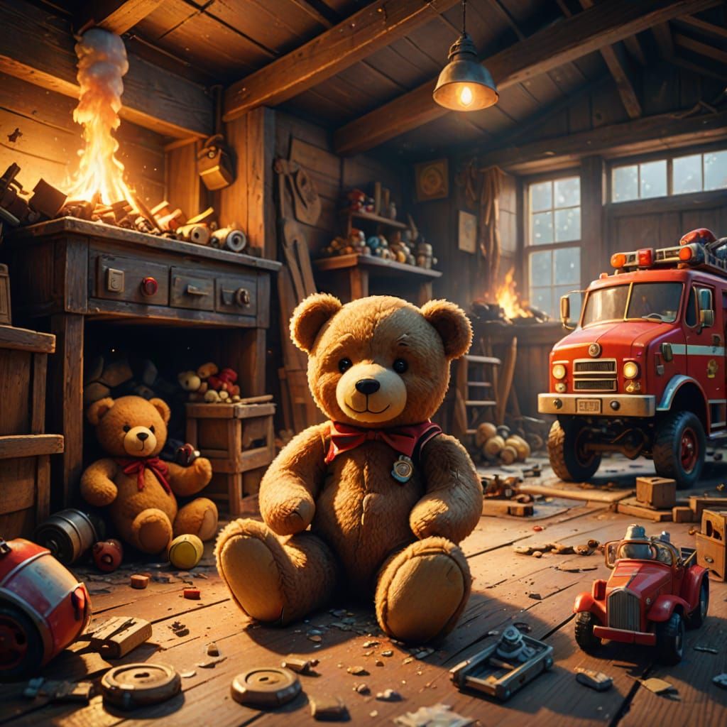 Teddy Bear in Abandoned Attic: Vibrant Oil Painting