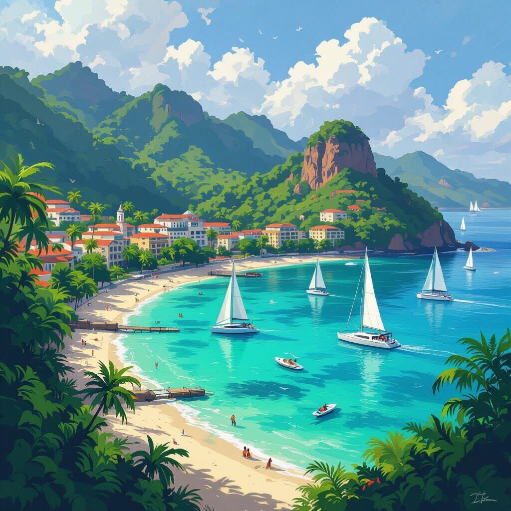 Serene Beach City with Turquoise Waters and Jungle Backdrop