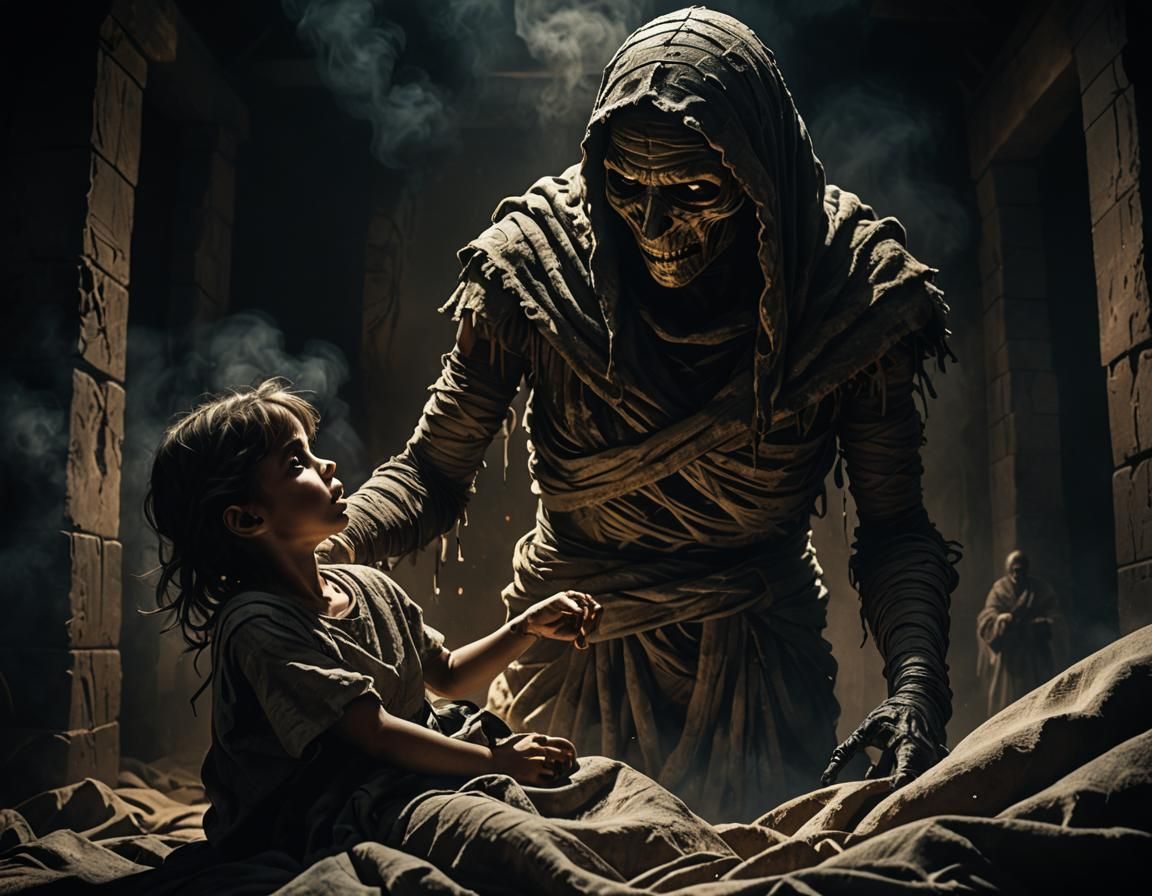 Giant Mummy Tearing Rags in Dark Chiaroscuro
