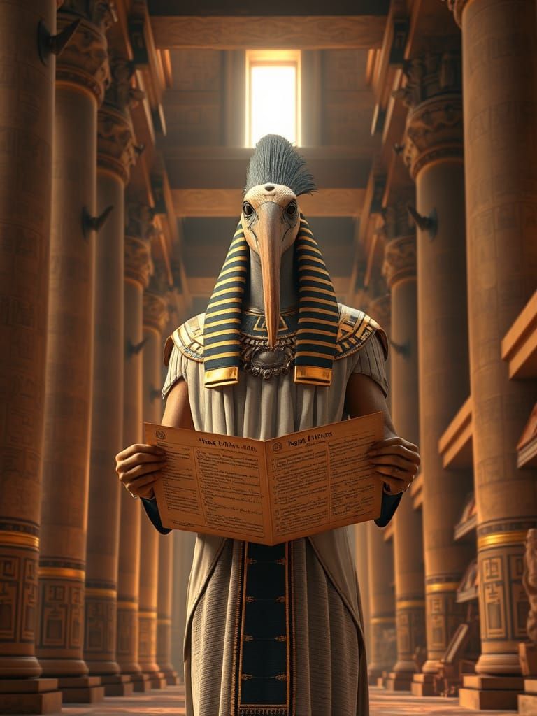 A hyper-realistic 3D rendering of Thoth, the Egyptian god of wisdom, standing regally in an ancient Egyptian library. He...