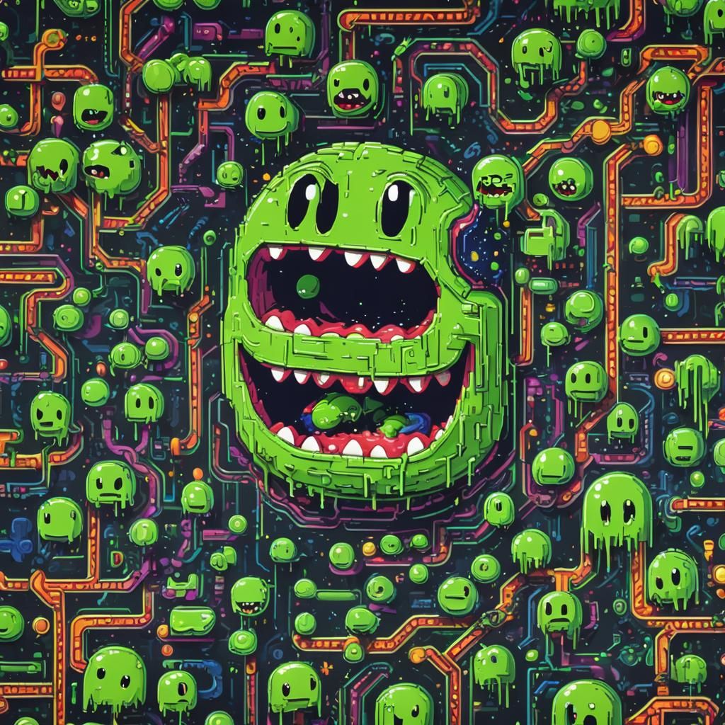 Pacman Eats Slimer in Vibrant Pixel Art Arcade
