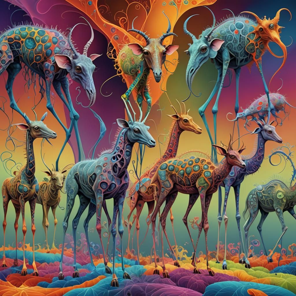 a group of different surreal animals with really long legs o...