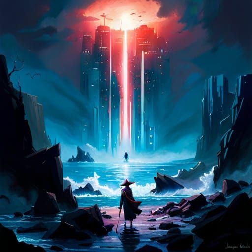 Magic Wizard in Light Beam: Detailed Collage