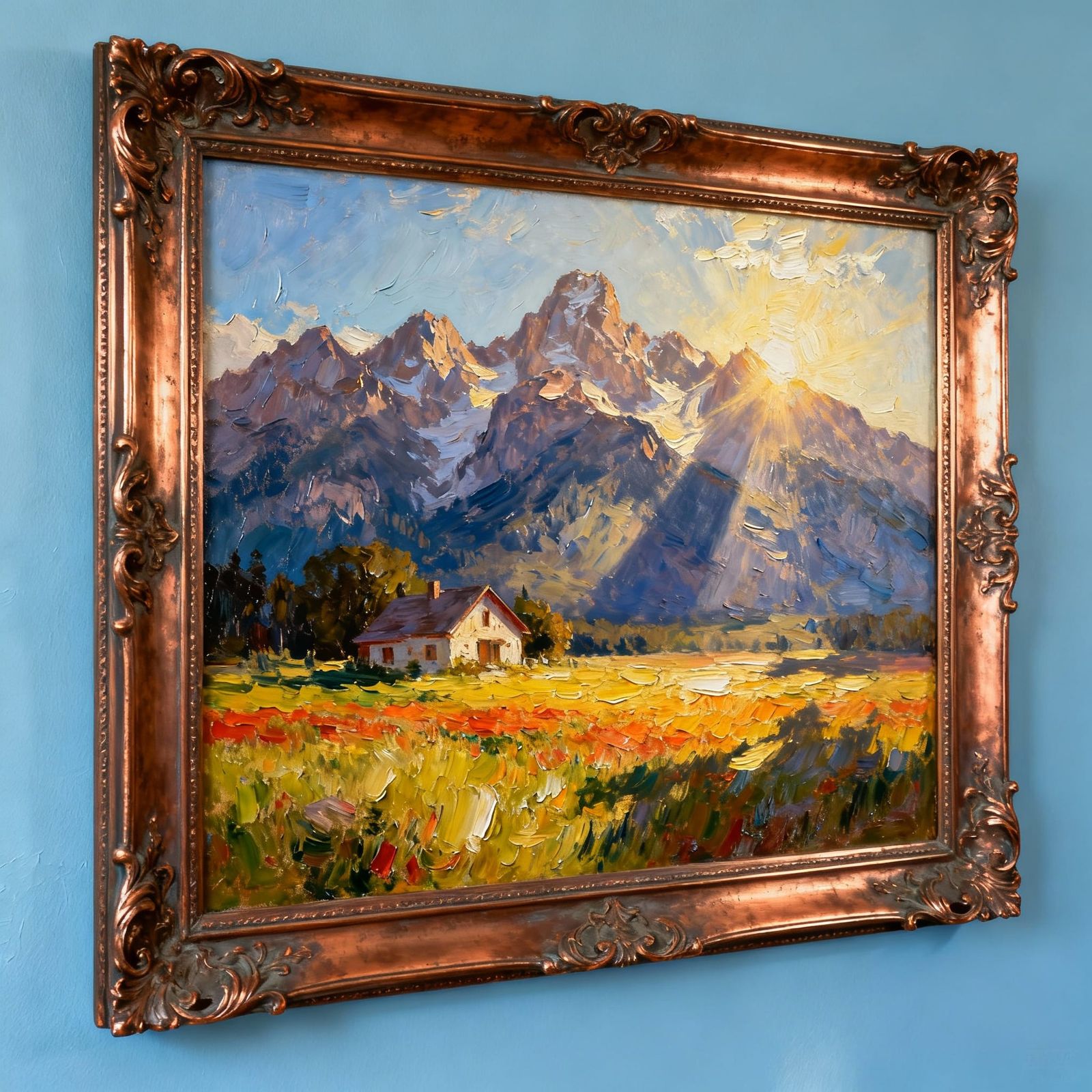 Impasto Oil Painting of Landscape with Mountains and House