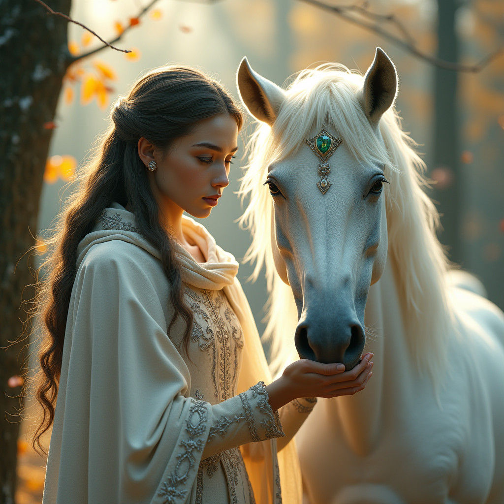 Enchanting Elf Strokes Unicorn in Autumnal Forest