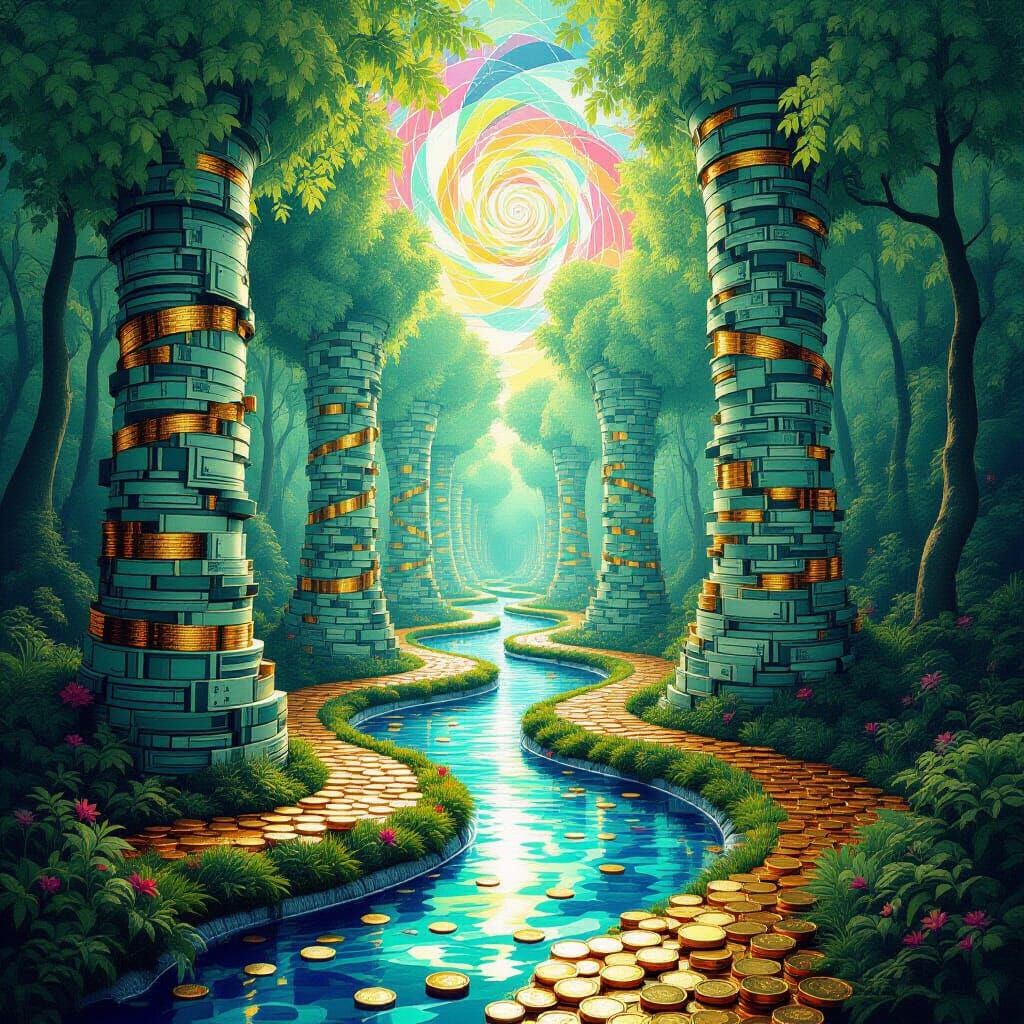 Enchanted Forest of Money Trees in Oil Painting Style