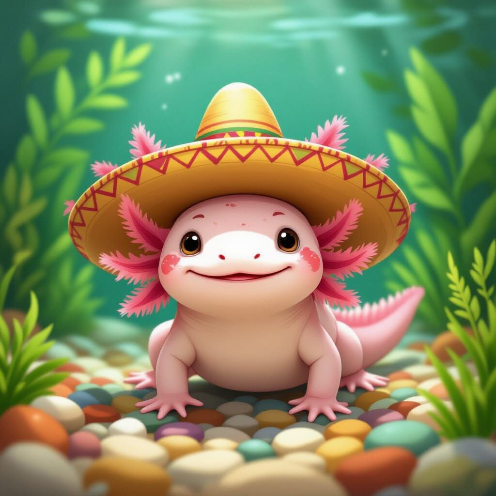 Cheerful Axolotl in Sombrero in Aquarium