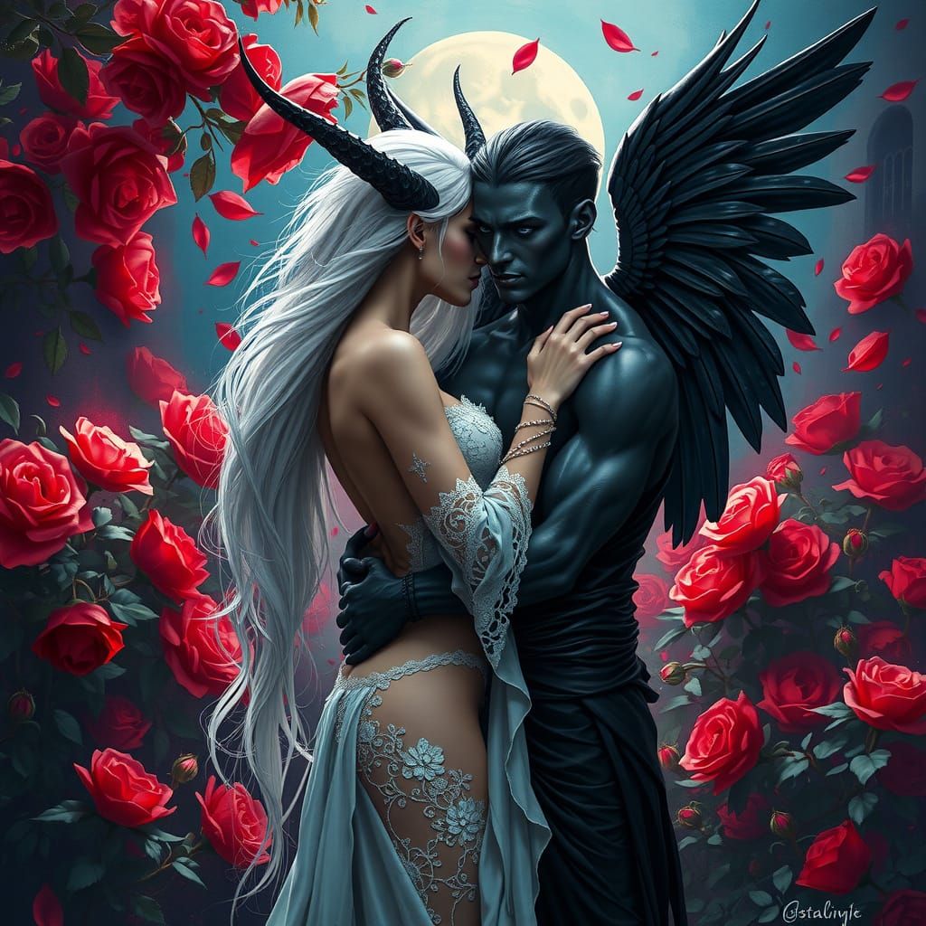 Moonlit Demon and Angel in Cyberpunk Garden