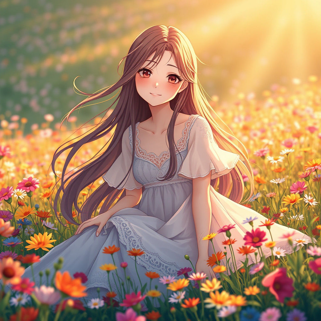 Anime Girl in Flower Field, Studio Trigger Style