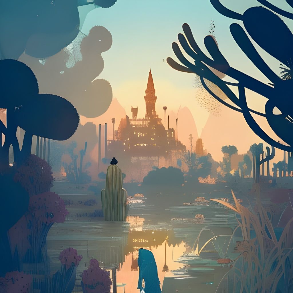 Desert Oasis Castle at Golden Hour: Digital Art