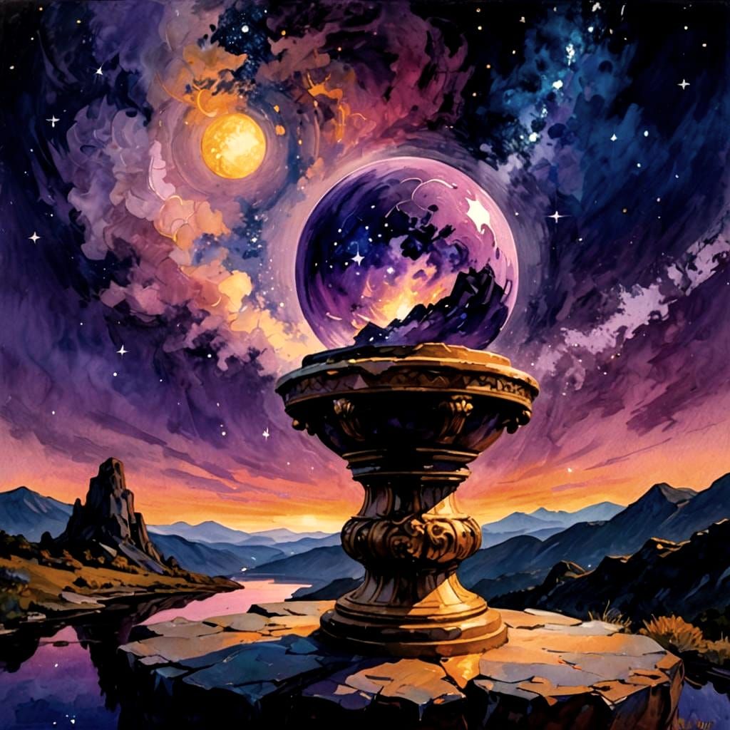 Glowing Orb on Mountain in Gouache Style