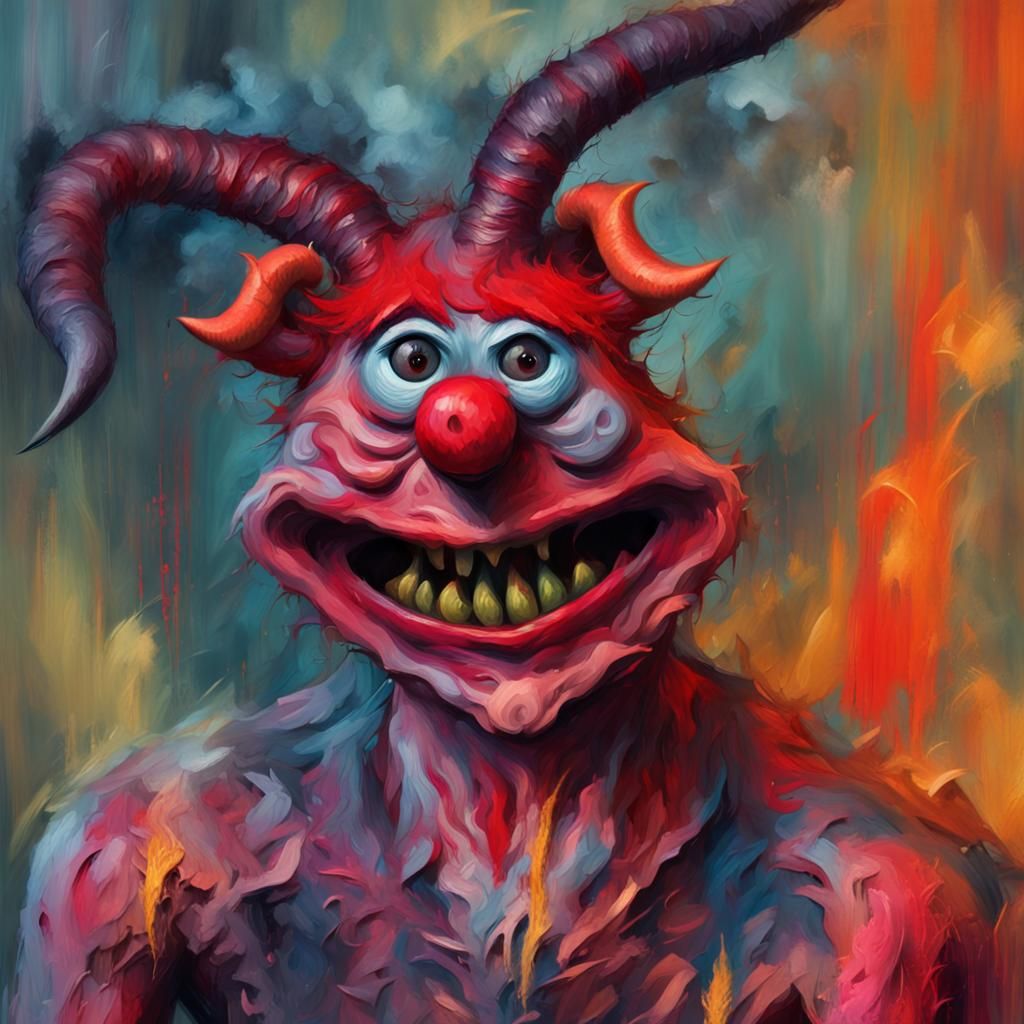 Gruesome Muppet Demon with Horns in Impasto Style