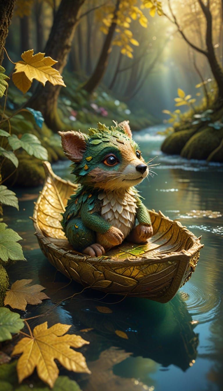 Whimsical Forest Creature in Leaf Boat Amidst Dappled Gold L...