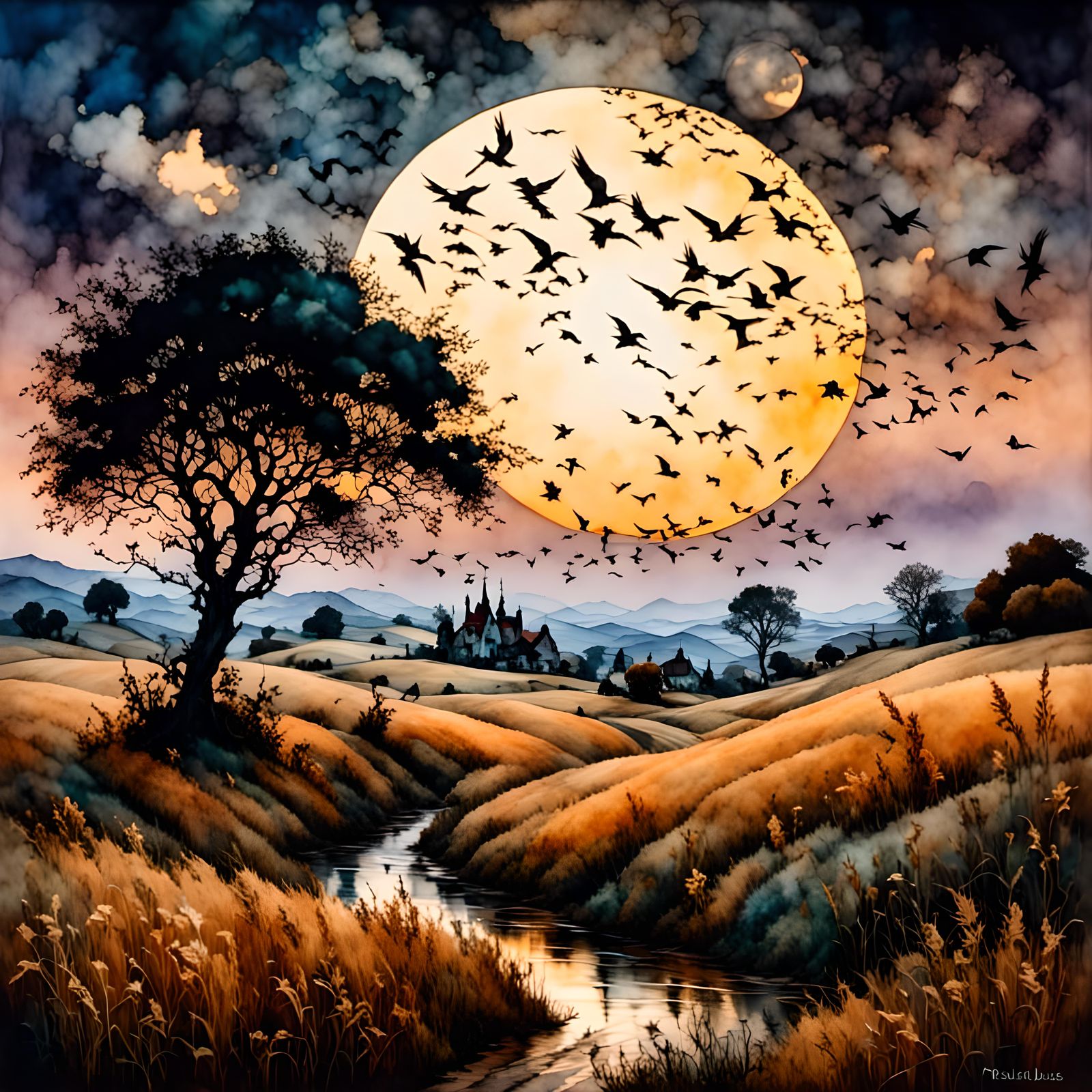 <lora:RackhamBurton1:1.0> Beautiful flock of birds in flight...