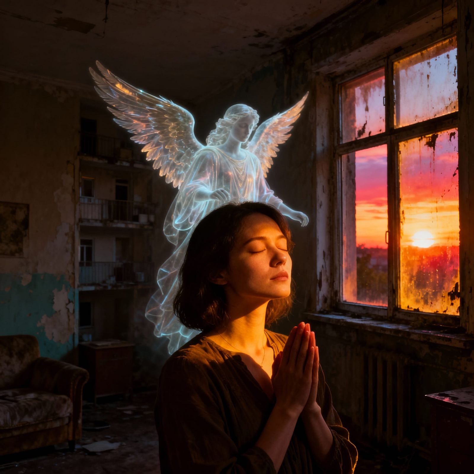 Woman who believes in guardian angels in silent prayer